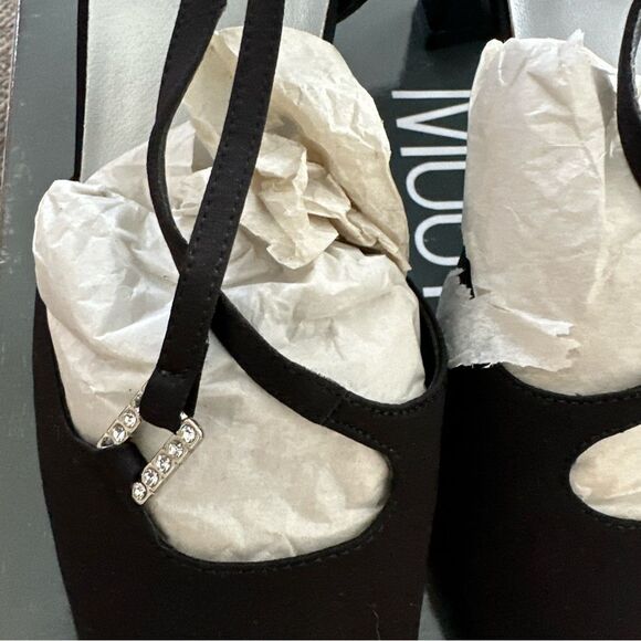 90s Black Satin Heels Slingback Rhinestone Formal Size 7 - Picture 4 of 10